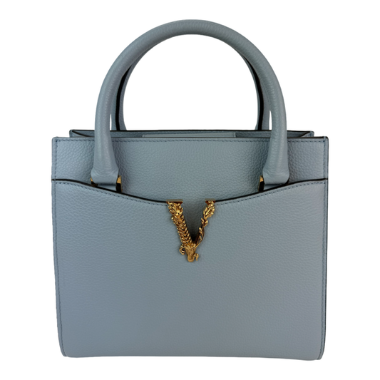 Versace Virtus Top Handle Grained Calfskin Light Blue Tote