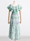 one-shoulder ruffles hollow embroidery printed front slit dress