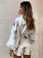fresh floral long-sleeved shirt top high-waisted shorts set
