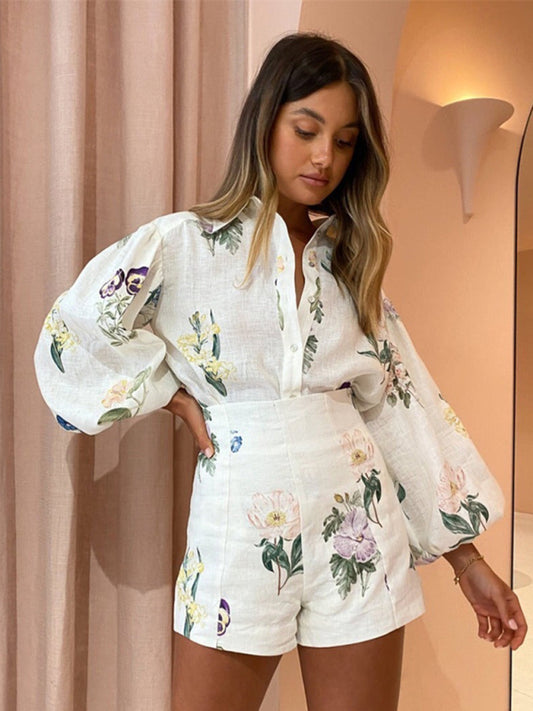 fresh floral long-sleeved shirt top high-waisted shorts set