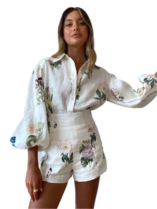 fresh floral long-sleeved shirt top high-waisted shorts set