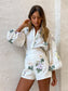 fresh floral long-sleeved shirt top high-waisted shorts set