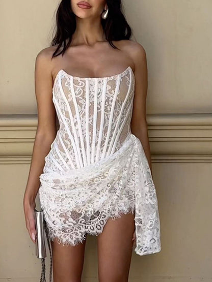 Sexy Lace See-through Splicing Waist Tube Mini Dress