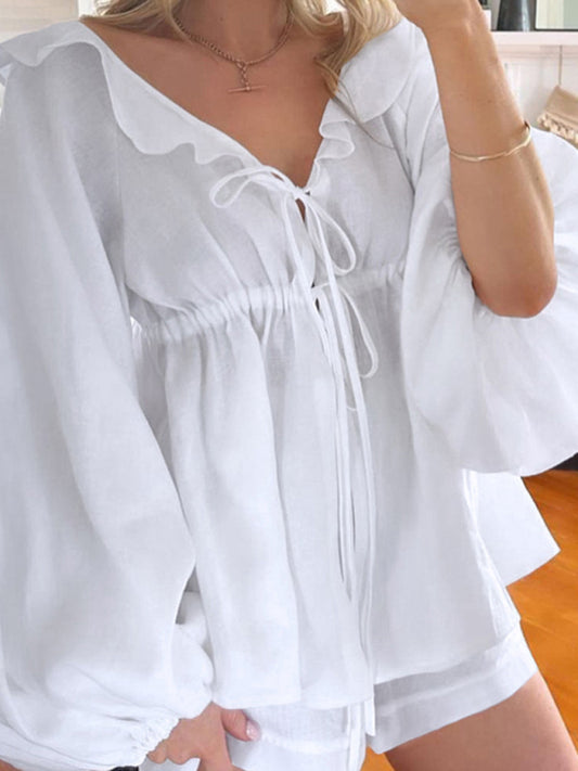 puff-sleeved fashionable linen Short set