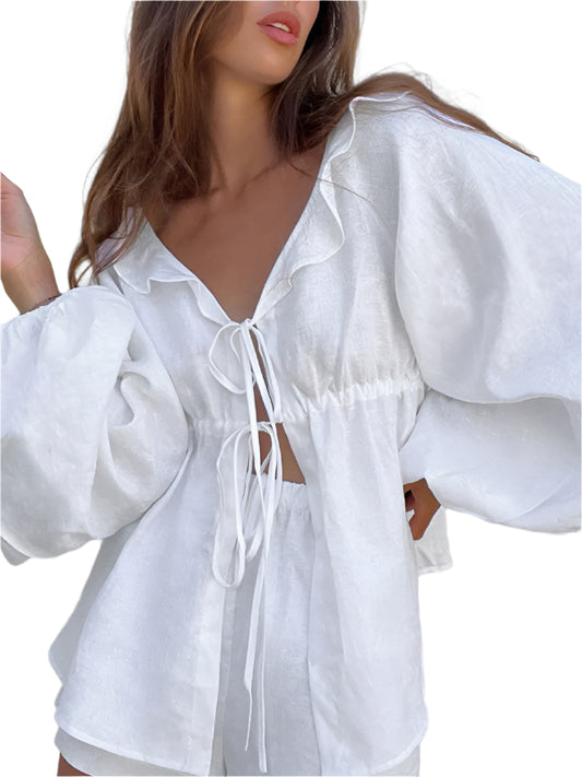 puff-sleeved fashionable linen Short set