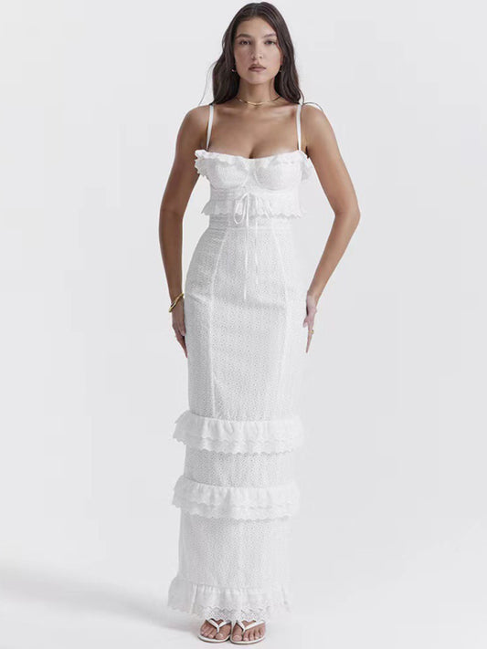 French White Broderie Rose-Embroidered Ruffled Maxi Dress