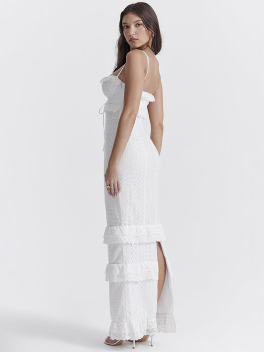 French White Broderie Rose-Embroidered Ruffled Maxi Dress