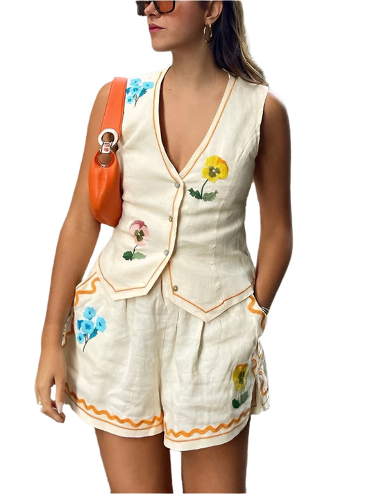 printed vest suit casual loose vacation two-piece set