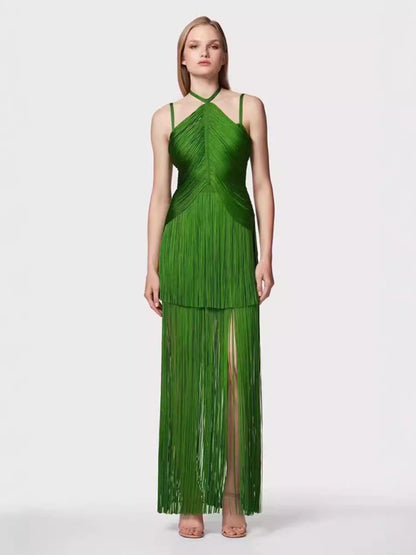 halter neck maxi dress with fringe hem  Dress