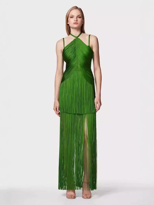 halter neck maxi dress with fringe hem  Dress