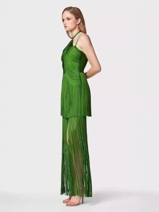 halter neck maxi dress with fringe hem  Dress