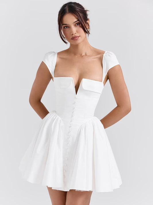 sexy square neck flying sleeves backless white mini dress