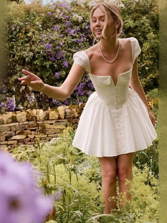 sexy square neck flying sleeves backless white mini dress
