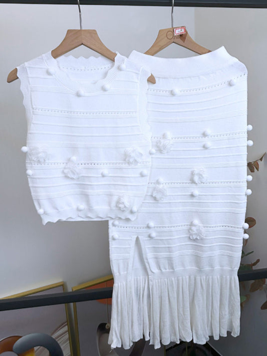 pompom embroidered  two-piece set ruffled slit knitted skirt set