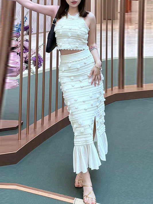 pompom embroidered  two-piece set ruffled slit knitted skirt set