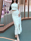pompom embroidered  two-piece set ruffled slit knitted skirt set