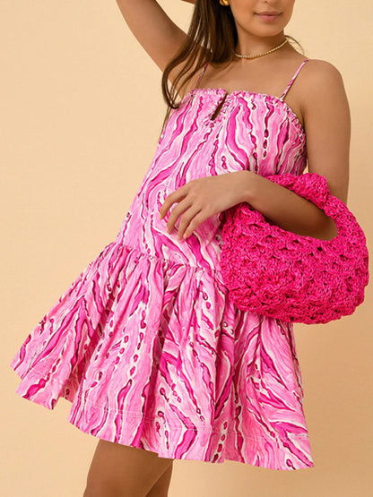 Hot girl style ruffled  skirt printed short dress