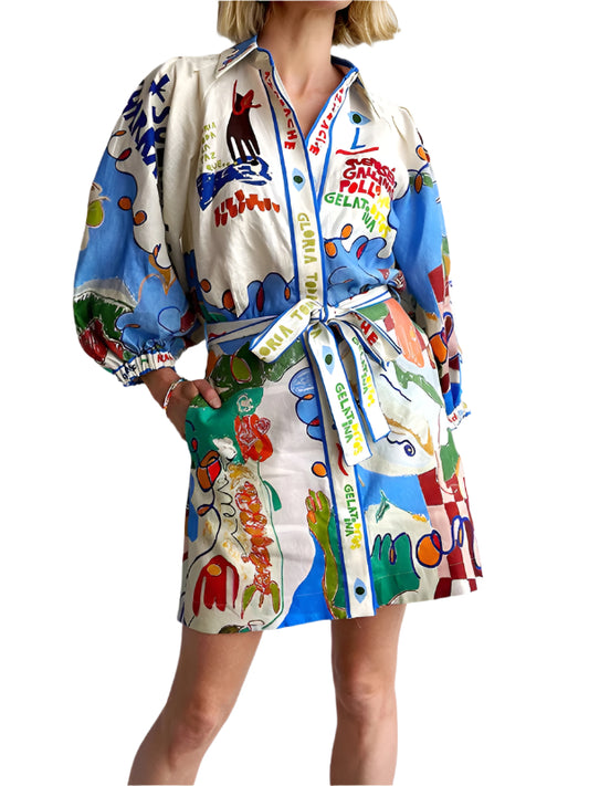 New Linen Casual Printed Shirt Cardigan Lace-Up Dress