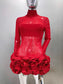 Sexy Mesh Long Sleeve Flowers Mini Bodycon Dress