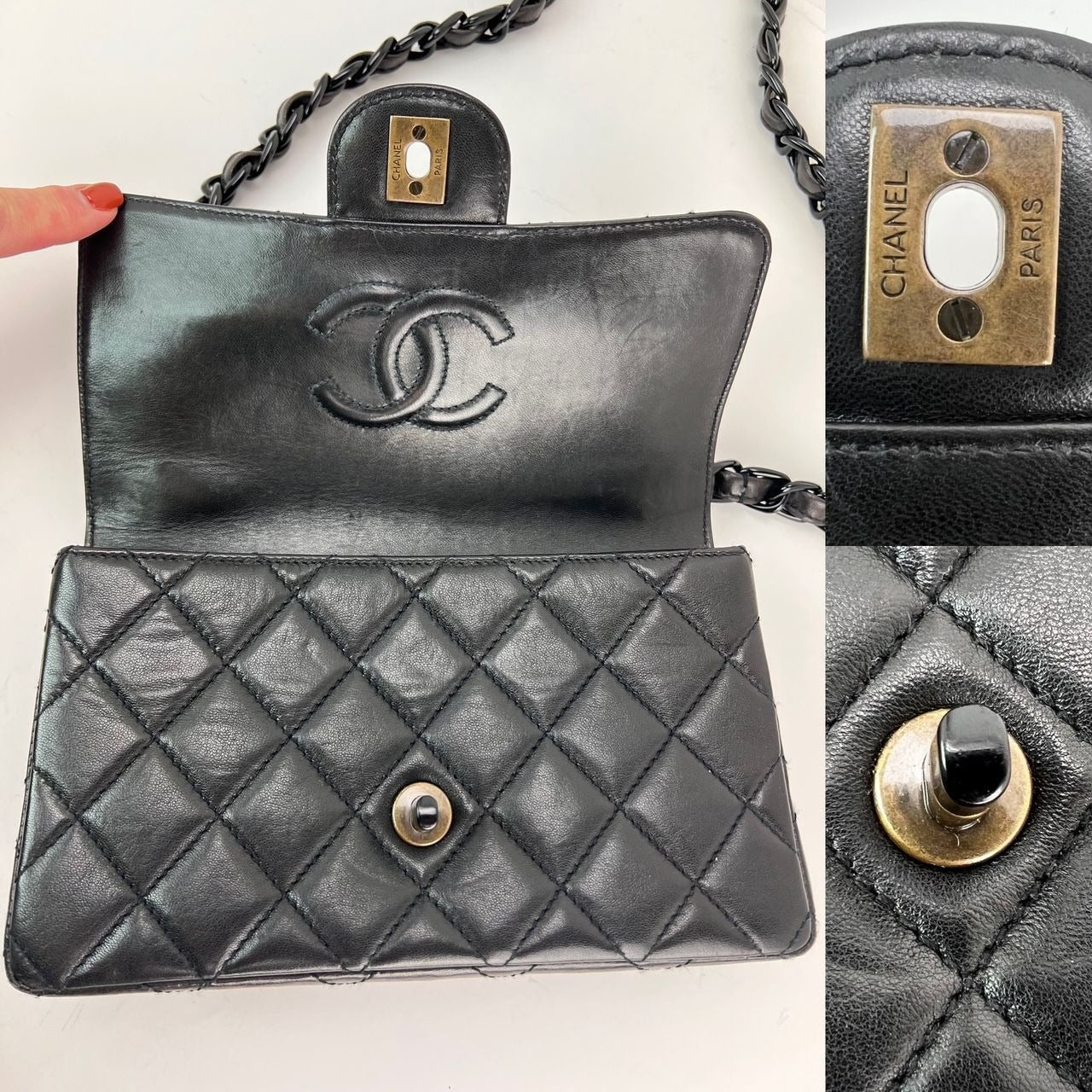 Chanel Vintage Quilted Lambskin Black Resin Chain Small Classic Single Flap Bag RARE