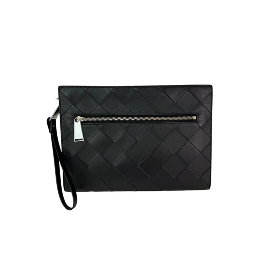 Bottega Veneta Black Leather Maxi Intreciato Document Case Wristlet Clutch Bag
