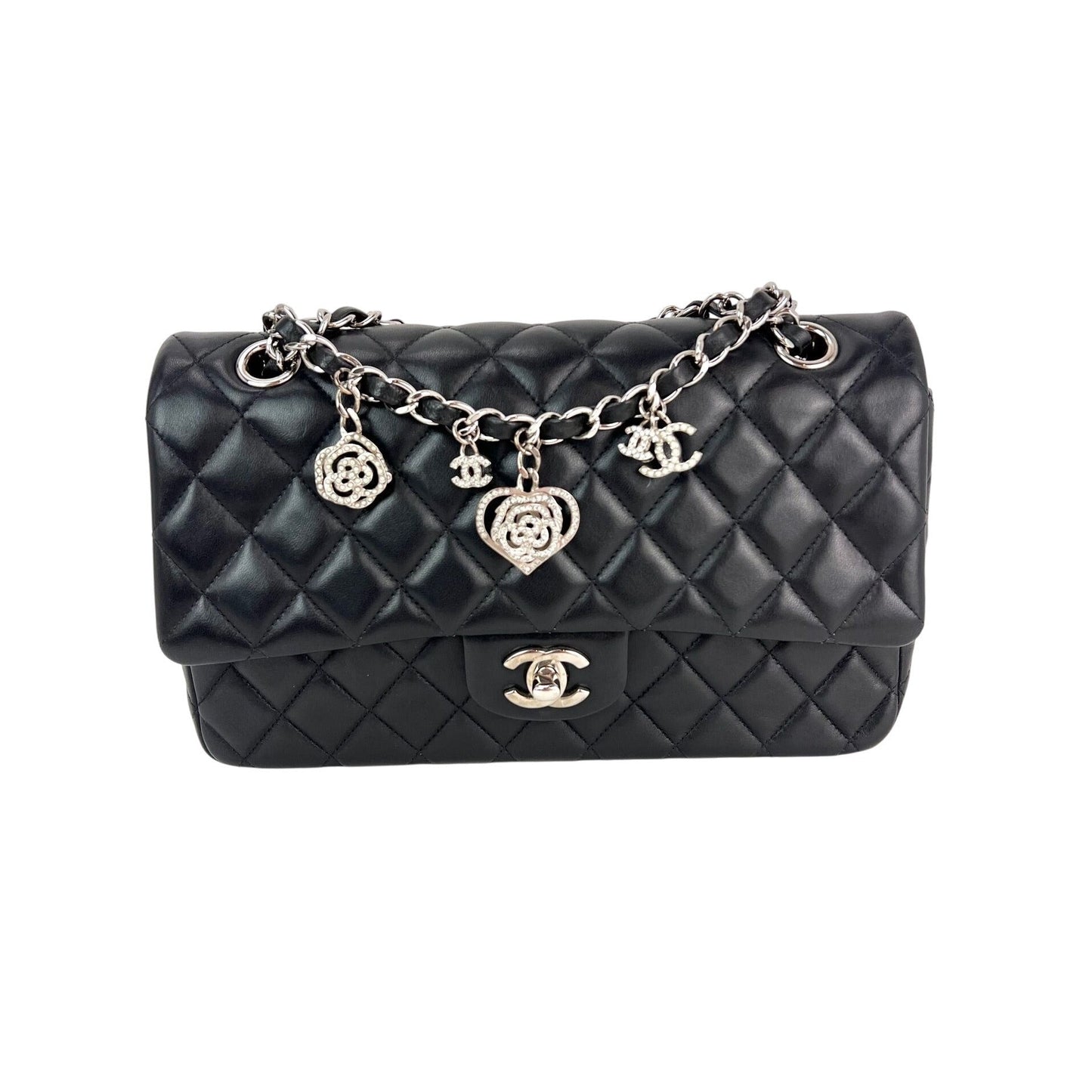 Chanel Quilted Lambskin Valentine Crystal Charms Medium Single Flap Black Bag