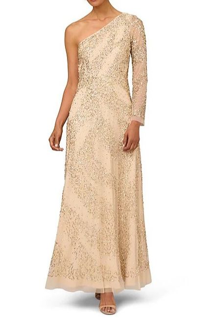 Aidan Mattox Light Gold Beaded One Shoulder Long Sleeve A-Line Gown