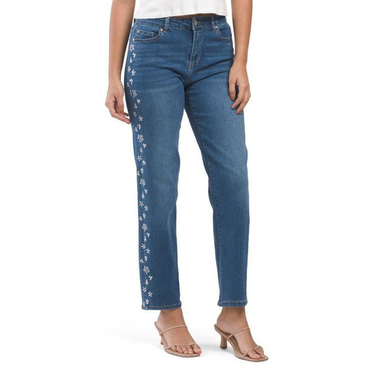 CAMILA COELHO High Rise Straight Leg Jeans With Floral Rhinestone Details