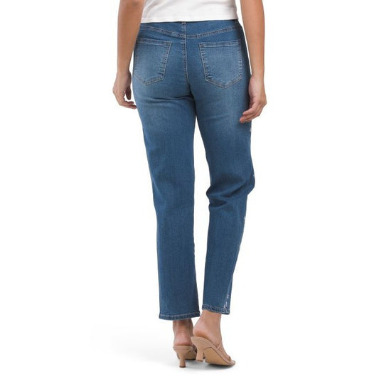 CAMILA COELHO High Rise Straight Leg Jeans With Floral Rhinestone Details