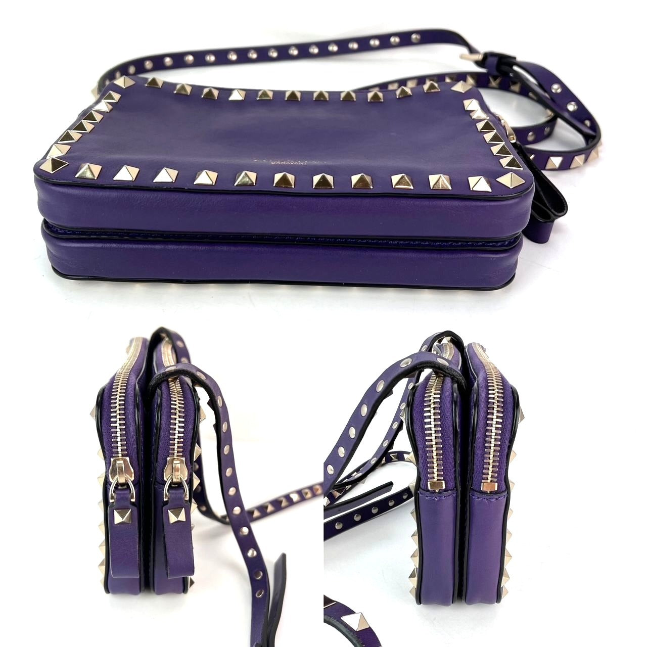 Valentino Rockstud Double Zip Purple Leather Crossbody Bag