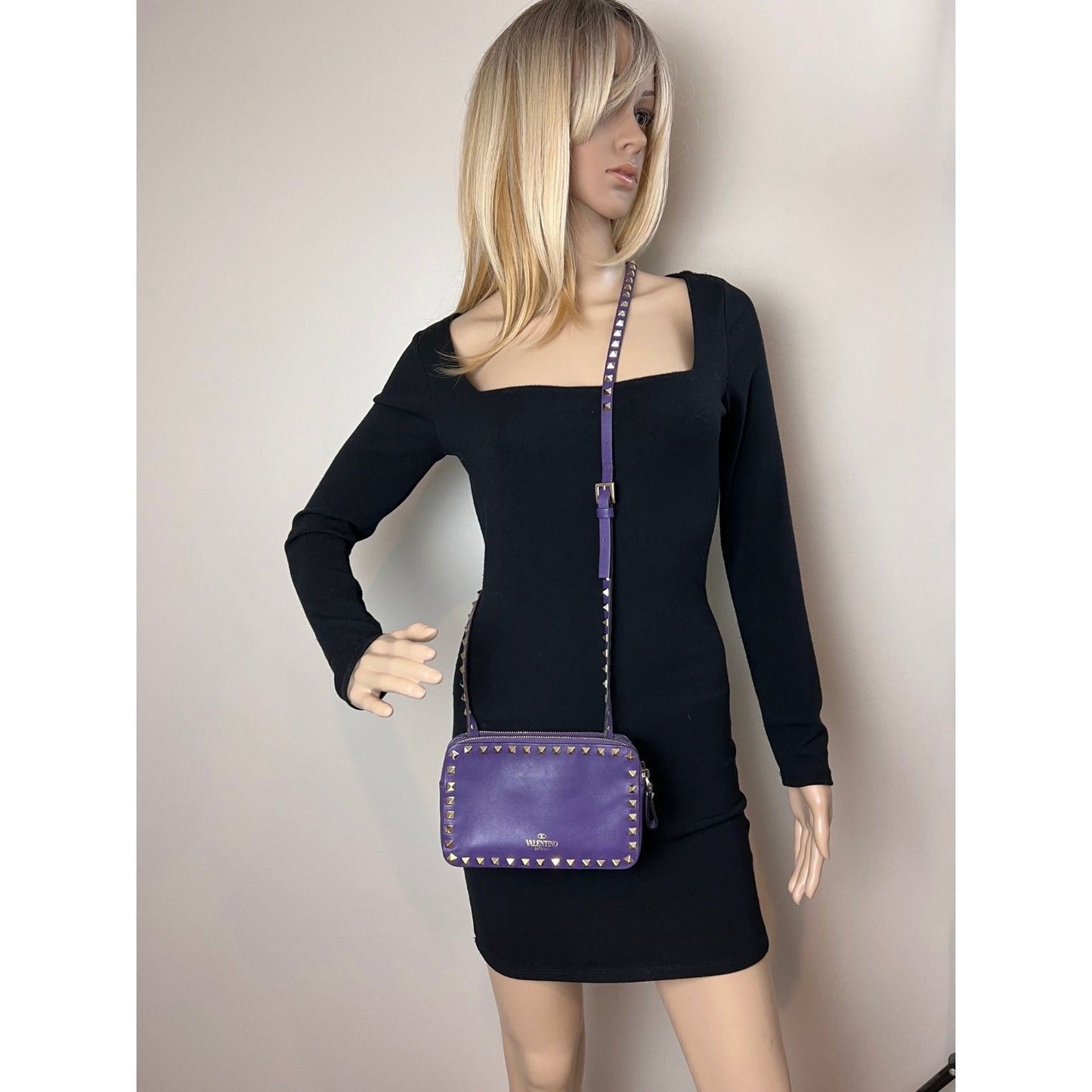 Valentino Rockstud Double Zip Purple Leather Crossbody Bag