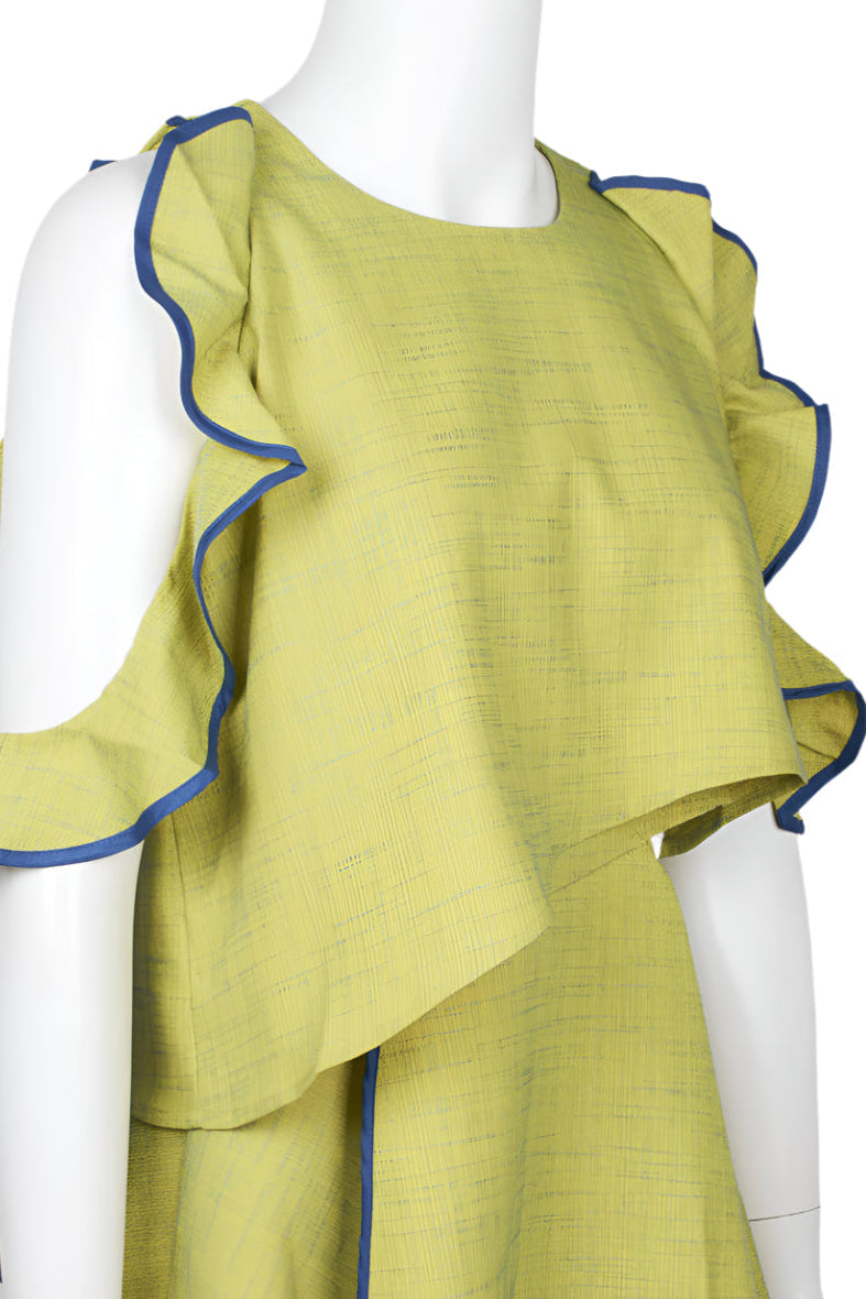 WHY Dress Crew Neck Ruffled Sleeveless Zipper Back Piping Detail Popover Crepe Top