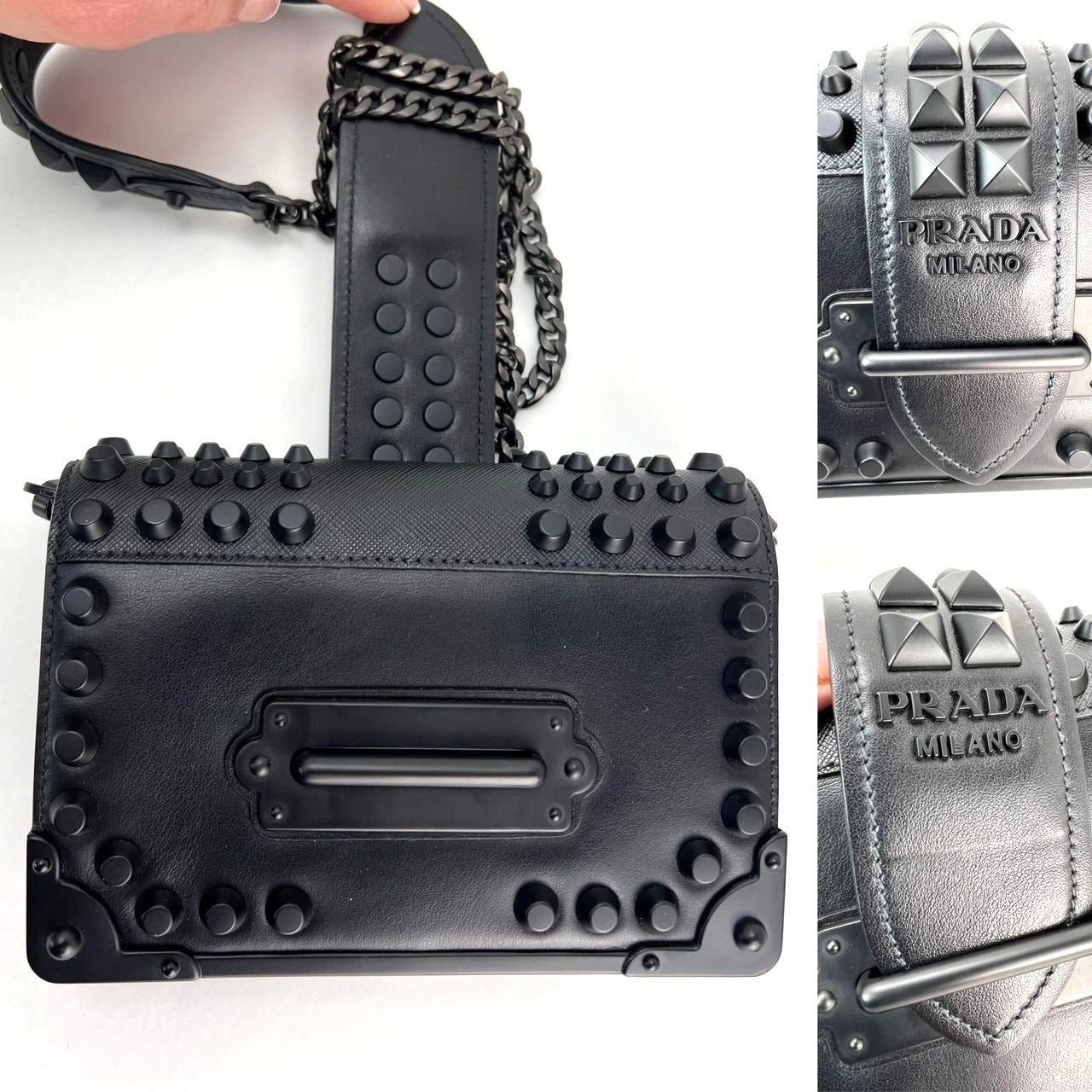 Prada City Calfskin Saffiano Studded Cahier Crossbody Clutch Bag Black